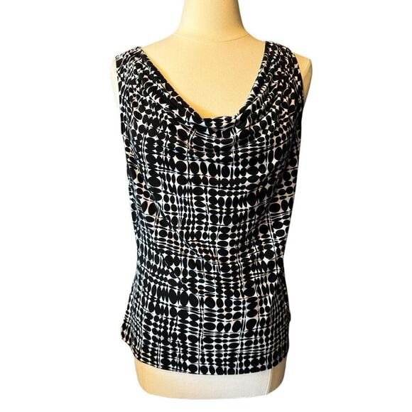Calvin Klein Scoop Neck Large Sleeveless Blouse Black White Geometric Drape Neck - Picture 1 of 6